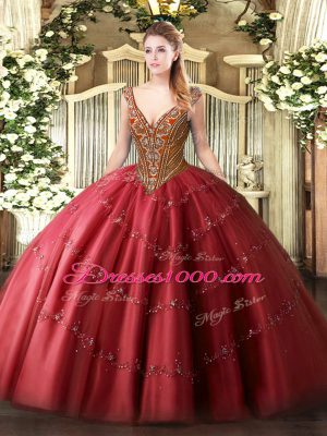 Red Sleeveless Floor Length Beading and Appliques Lace Up Quinceanera Dress