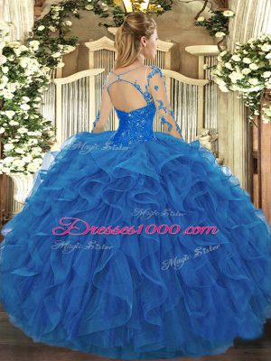 Enchanting Royal Blue Ball Gowns Scoop Long Sleeves Tulle Floor Length Lace Up Lace and Ruffles Quince Ball Gowns