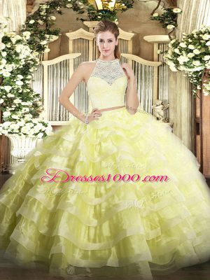Yellow Two Pieces Tulle Scoop Sleeveless Lace and Ruffled Layers Floor Length Zipper Ball Gown Prom Dress