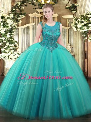 Fantastic Turquoise Ball Gowns Scoop Sleeveless Tulle Floor Length Zipper Beading Sweet 16 Dresses
