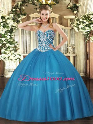 Ball Gowns Quinceanera Gown Baby Blue Sweetheart Tulle Sleeveless Floor Length Lace Up