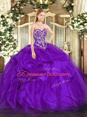 New Arrival Purple Organza Lace Up Quinceanera Dress Sleeveless Floor Length Beading and Ruffles
