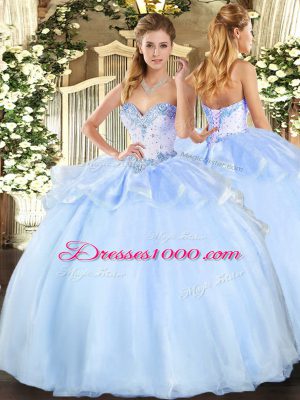 Wonderful Light Blue Sleeveless Organza Lace Up 15 Quinceanera Dress for Military Ball and Sweet 16 and Quinceanera
