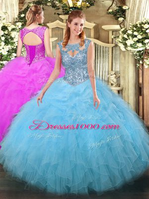 Elegant Aqua Blue Scoop Lace Up Beading and Ruffles Quinceanera Gown Sleeveless