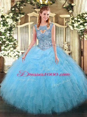 Elegant Aqua Blue Scoop Lace Up Beading and Ruffles Quinceanera Gown Sleeveless
