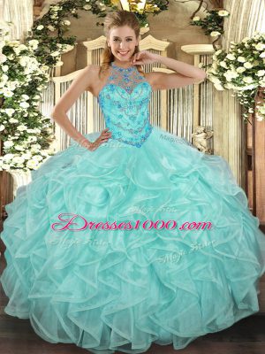 Designer Organza Halter Top Sleeveless Lace Up Beading and Ruffles Quince Ball Gowns in Apple Green