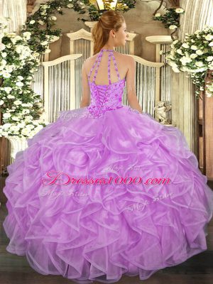 Designer Organza Halter Top Sleeveless Lace Up Beading and Ruffles Quince Ball Gowns in Apple Green