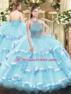 Cute Floor Length Aqua Blue Quinceanera Gown Halter Top Sleeveless Lace Up