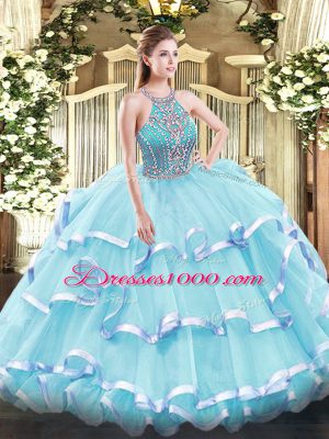 Cute Floor Length Aqua Blue Quinceanera Gown Halter Top Sleeveless Lace Up