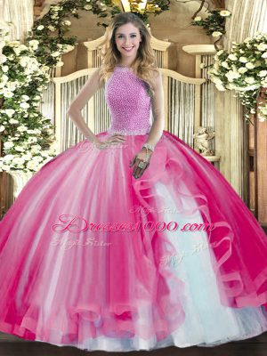 Chic Floor Length Hot Pink Quince Ball Gowns Tulle Sleeveless Beading and Ruffles