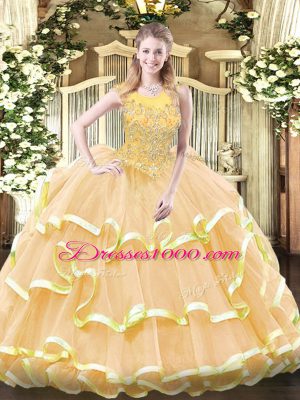 Fashionable Organza Sleeveless Floor Length Quince Ball Gowns and Beading and Ruffled Layers