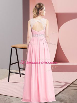 Custom Designed Sleeveless Floor Length Beading Lace Up Prom Evening Gown with Pink