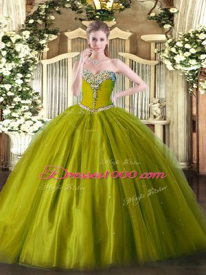 Floor Length Lace Up 15th Birthday Dress Olive Green for Military Ball and Sweet 16 and Quinceanera with Beading