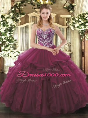 Designer Burgundy Tulle Lace Up Sweetheart Sleeveless Floor Length Quince Ball Gowns Beading and Ruffles