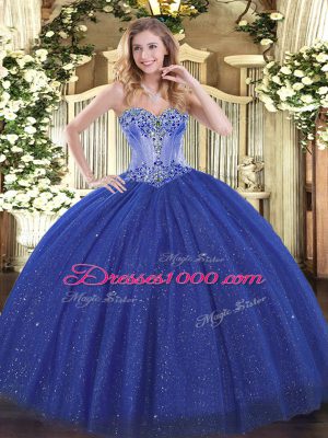 Simple Royal Blue Lace Up 15 Quinceanera Dress Beading Sleeveless