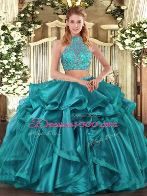 Fine Turquoise Criss Cross Halter Top Beading and Ruffled Layers Ball Gown Prom Dress Organza Sleeveless
