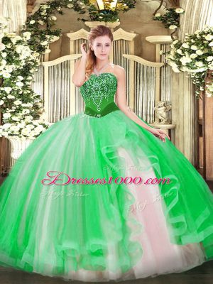 Trendy Green Ball Gowns Tulle Strapless Sleeveless Beading and Ruffles Floor Length Lace Up Sweet 16 Dress