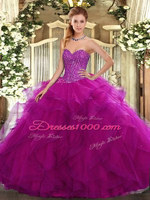 Suitable Tulle Sweetheart Sleeveless Lace Up Beading and Ruffles Vestidos de Quinceanera in Fuchsia