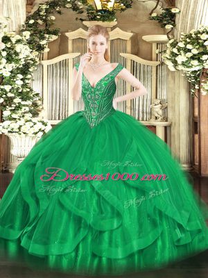 Beading and Ruffles Sweet 16 Dress Green Lace Up Sleeveless Floor Length