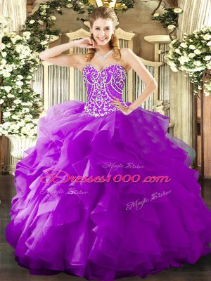 Most Popular Floor Length Lace Up 15th Birthday Dress Purple for Military Ball and Sweet 16 and Quinceanera with Beading and Ruffles