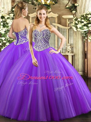 Lavender Sleeveless Floor Length Beading Lace Up Sweet 16 Dress