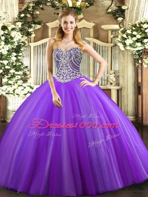 Lavender Sleeveless Floor Length Beading Lace Up Sweet 16 Dress