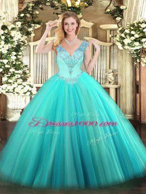 Noble Aqua Blue Sleeveless Beading Floor Length 15th Birthday Dress
