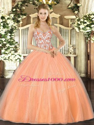 Orange Lace Up Quince Ball Gowns Beading and Appliques Sleeveless Floor Length