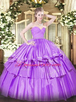 Adorable Lilac Organza Zipper Sweetheart Sleeveless Floor Length Quince Ball Gowns Beading and Lace and Ruffled Layers