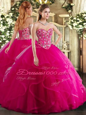 Flare Fuchsia Sleeveless Floor Length Embroidery and Ruffles Lace Up Quince Ball Gowns
