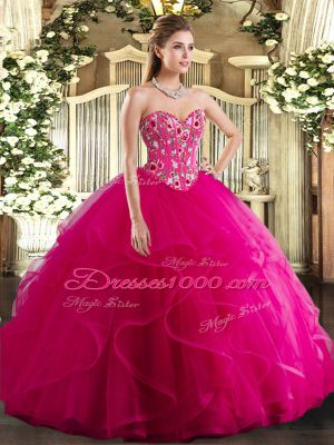 Flare Fuchsia Sleeveless Floor Length Embroidery and Ruffles Lace Up Quince Ball Gowns