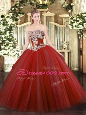 Discount Wine Red Tulle Lace Up Quince Ball Gowns Sleeveless Floor Length Beading
