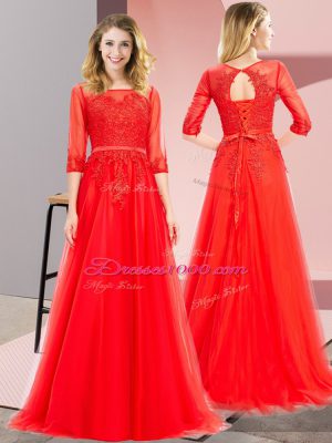 Square 3 4 Length Sleeve Lace Up Evening Dress Red Tulle
