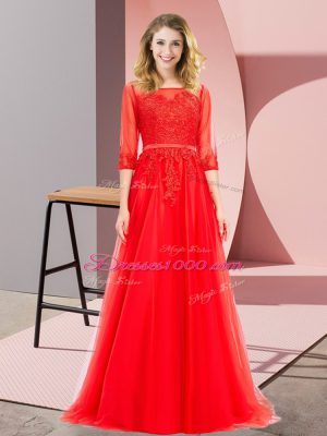 Square 3 4 Length Sleeve Lace Up Evening Dress Red Tulle