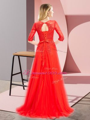 Square 3 4 Length Sleeve Lace Up Evening Dress Red Tulle