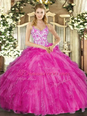 Gorgeous Fuchsia Ball Gowns Straps Sleeveless Tulle Floor Length Lace Up Appliques and Ruffles Sweet 16 Dress