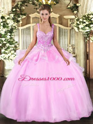 Beading Quinceanera Dresses Pink Lace Up Sleeveless Floor Length