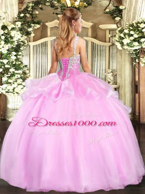 Beading Quinceanera Dresses Pink Lace Up Sleeveless Floor Length
