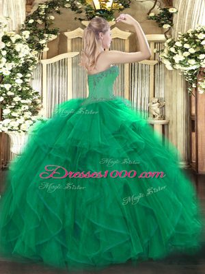 Green Ball Gowns Beading and Ruffles Sweet 16 Quinceanera Dress Lace Up Organza Sleeveless Floor Length