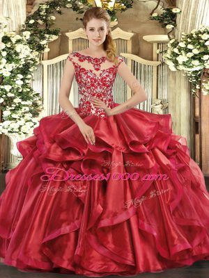 Noble Red Cap Sleeves Organza Lace Up 15 Quinceanera Dress for Sweet 16 and Quinceanera