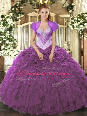 Pretty Sweetheart Sleeveless Organza Ball Gown Prom Dress Beading and Ruffles Lace Up