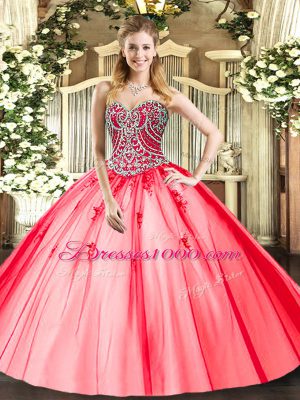 Floor Length Lace Up Vestidos de Quinceanera Coral Red for Military Ball and Sweet 16 and Quinceanera with Beading and Appliques