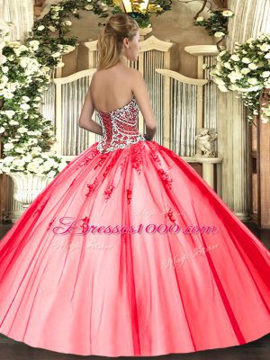 Floor Length Lace Up Vestidos de Quinceanera Coral Red for Military Ball and Sweet 16 and Quinceanera with Beading and Appliques