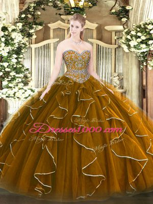 Brown Lace Up Sweetheart Beading and Ruffles Quinceanera Gown Tulle Sleeveless