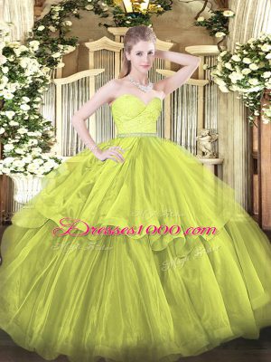 Stunning Olive Green Tulle Zipper Quinceanera Dress Sleeveless Brush Train Beading and Lace and Ruffled Layers