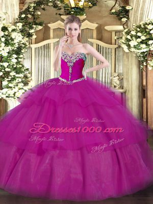 Simple Sleeveless Floor Length Beading and Ruffled Layers Lace Up Sweet 16 Dresses with Fuchsia