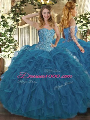 High Quality Teal Tulle Lace Up Vestidos de Quinceanera Sleeveless Floor Length Beading and Ruffles