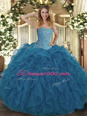 High Quality Teal Tulle Lace Up Vestidos de Quinceanera Sleeveless Floor Length Beading and Ruffles