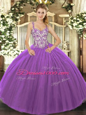 Luxurious Purple 15th Birthday Dress Sweet 16 and Quinceanera with Beading and Appliques Straps Sleeveless Lace Up