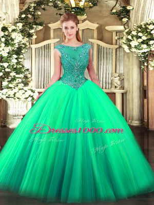 Elegant Sleeveless Floor Length Beading Zipper 15th Birthday Dress with Turquoise